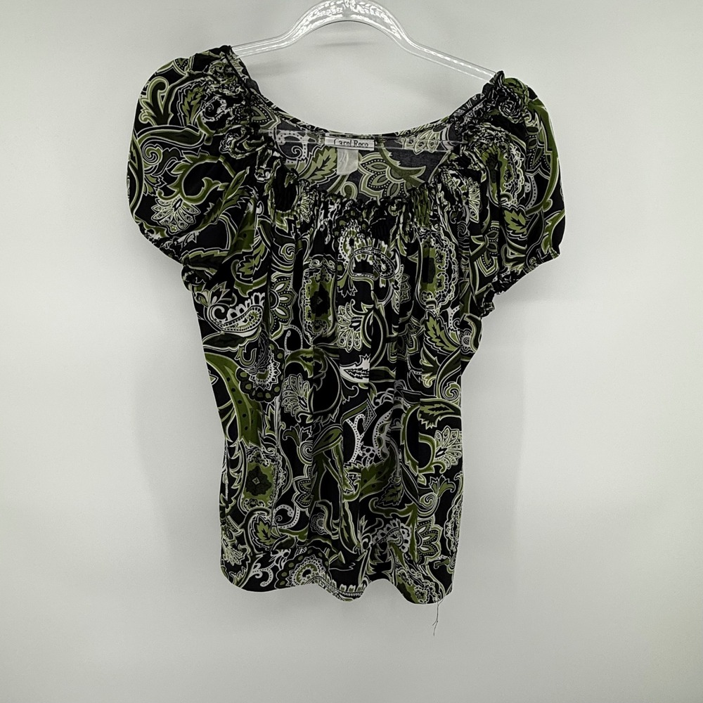 Carol‎ Rose Black Green Paisley Smocked Neck Puff Sleeve Top Blouse Women's M